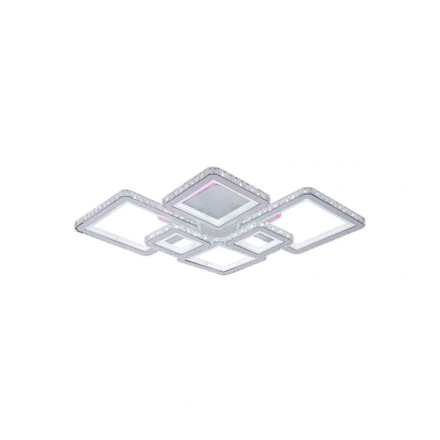 Lustra LED cu telecomanda si cristal QUADRIS RGB 240W, 6 Patrate, lumina Rece/Calda/Neutra, Dimabila, Alb