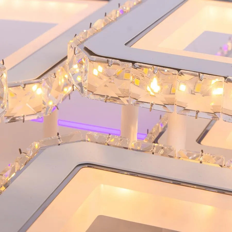 Lustra LED cu telecomanda si cristal QUADRIS RGB 240W, 6 Patrate, lumina Rece/Calda/Neutra, Dimabila, Alb