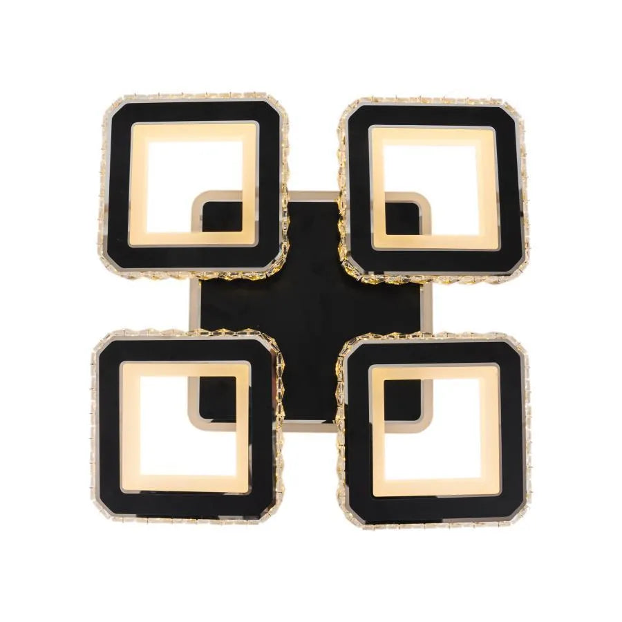 Lustra LED cu telecomanda si cristal LEILA RGB 79W, 4 Patrate, lumina Rece/Calda/Neutra, Dimabila, Negru Crom Lucios