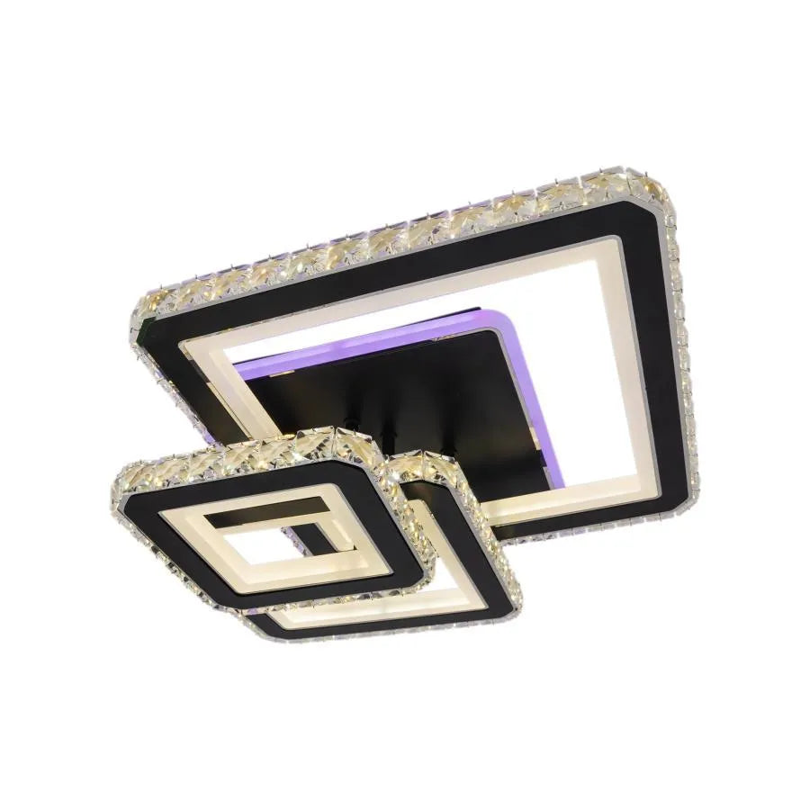 Lustra LED cu telecomanda si cristal LEILA 154W, 3 Patrate, lumina Rece/Calda/Neutra, Dimabila, Negru Crom Lucios