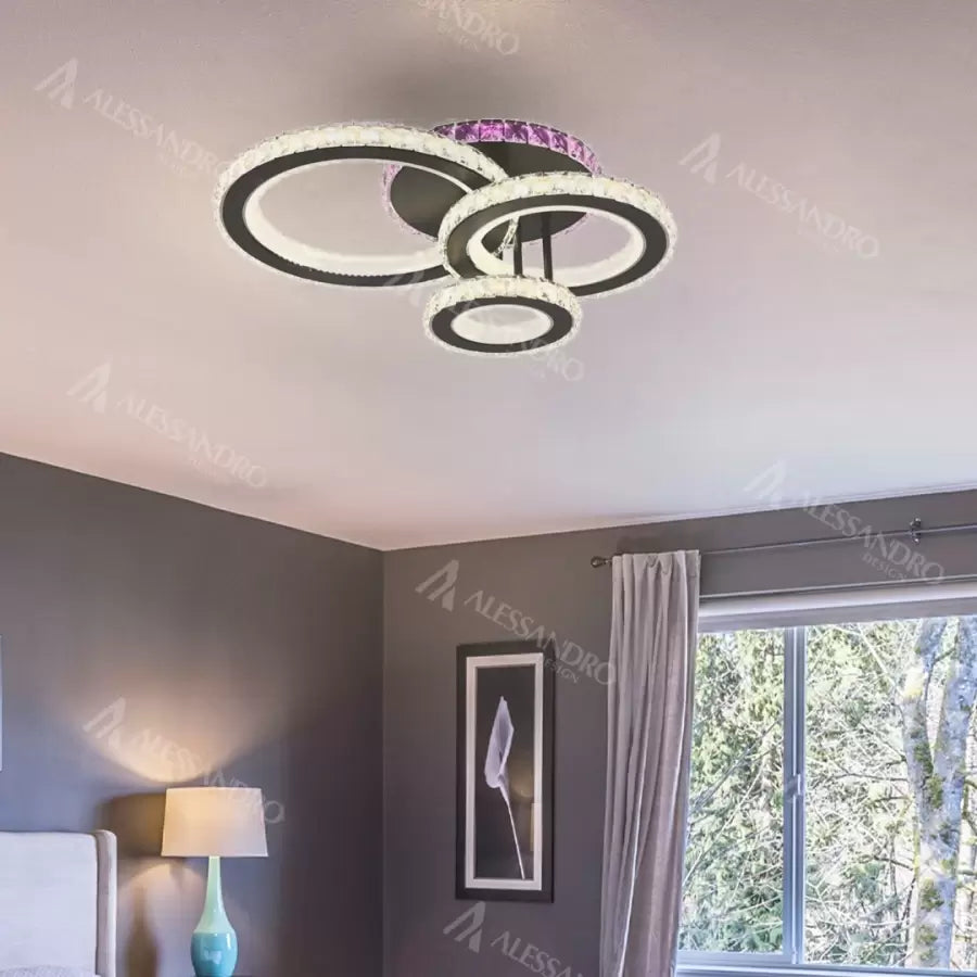 Lustra LED cu telecomanda si cristal LEOCADIA RGB 134W, 3 Cercuri, lumina Rece/Calda/Neutra, Dimabila, Negru