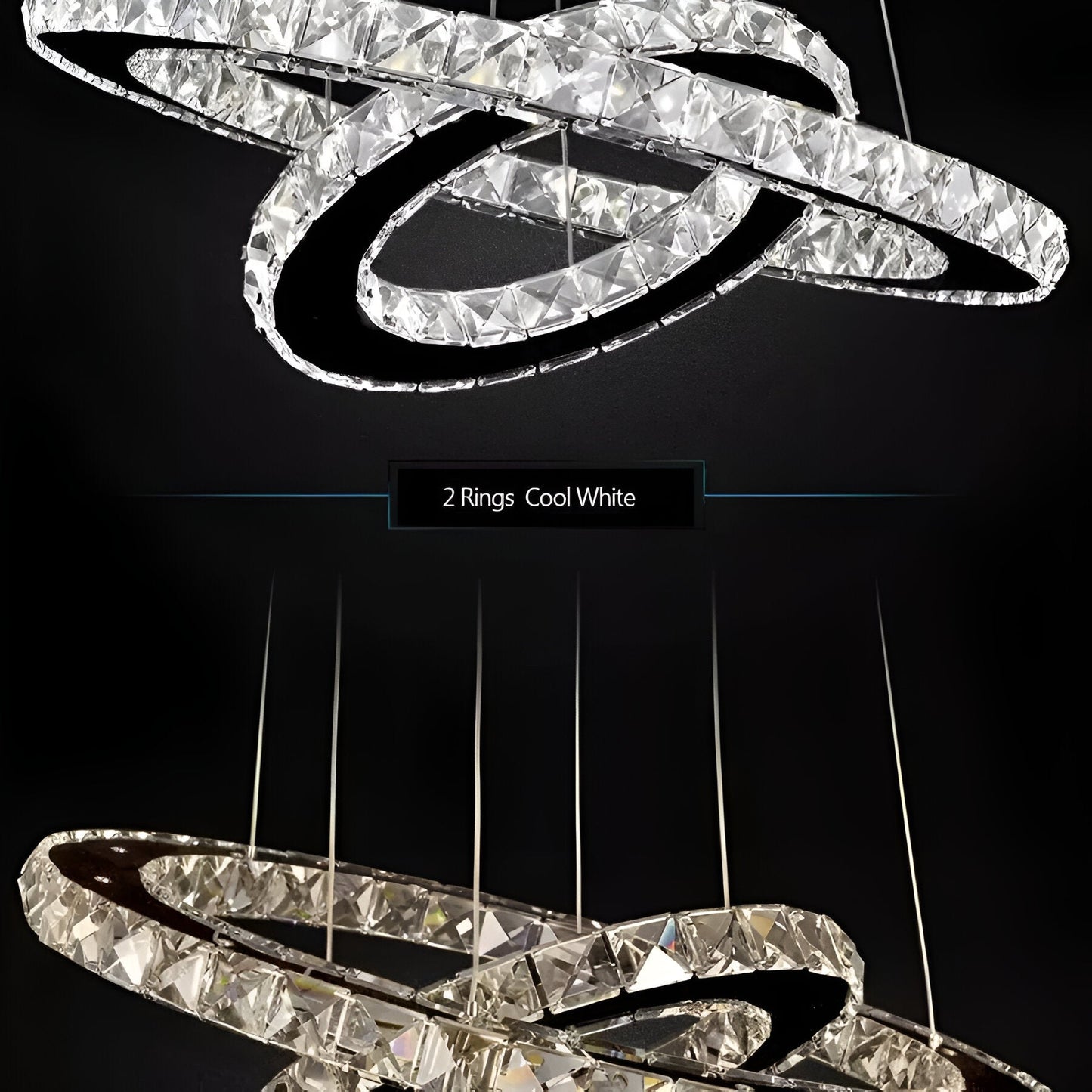 Lustra LED cu telecomanda si cristal PRISM LUMINIS 58W, 2 Cercuri, lumina Rece/Calda/Neutra, Dimabila, Argintiu, Inaltime Reglabila