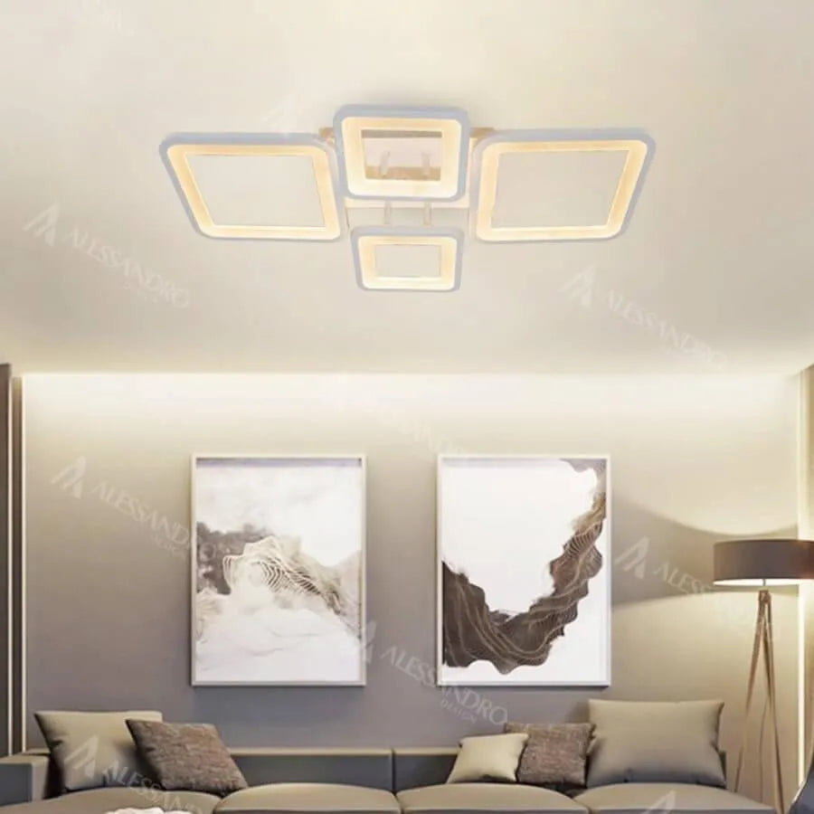 Lustra LED cu telecomanda ELLA 85W, 4 Patrate, lumina Rece/Calda/Neutra, Dimabila, Alb