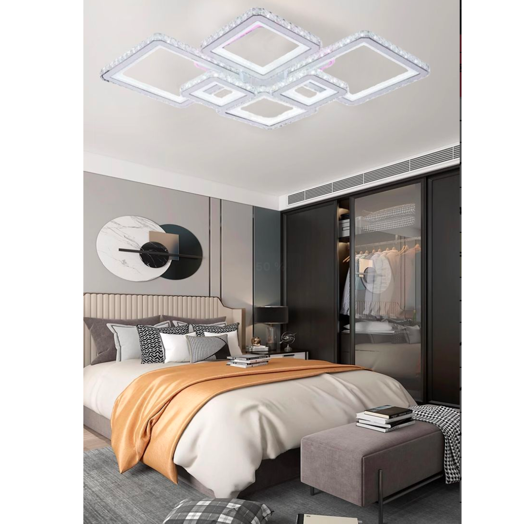 Lustra LED cu telecomanda si cristal QUADRIS RGB 240W, 6 Patrate, lumina Rece/Calda/Neutra, Dimabila, Alb