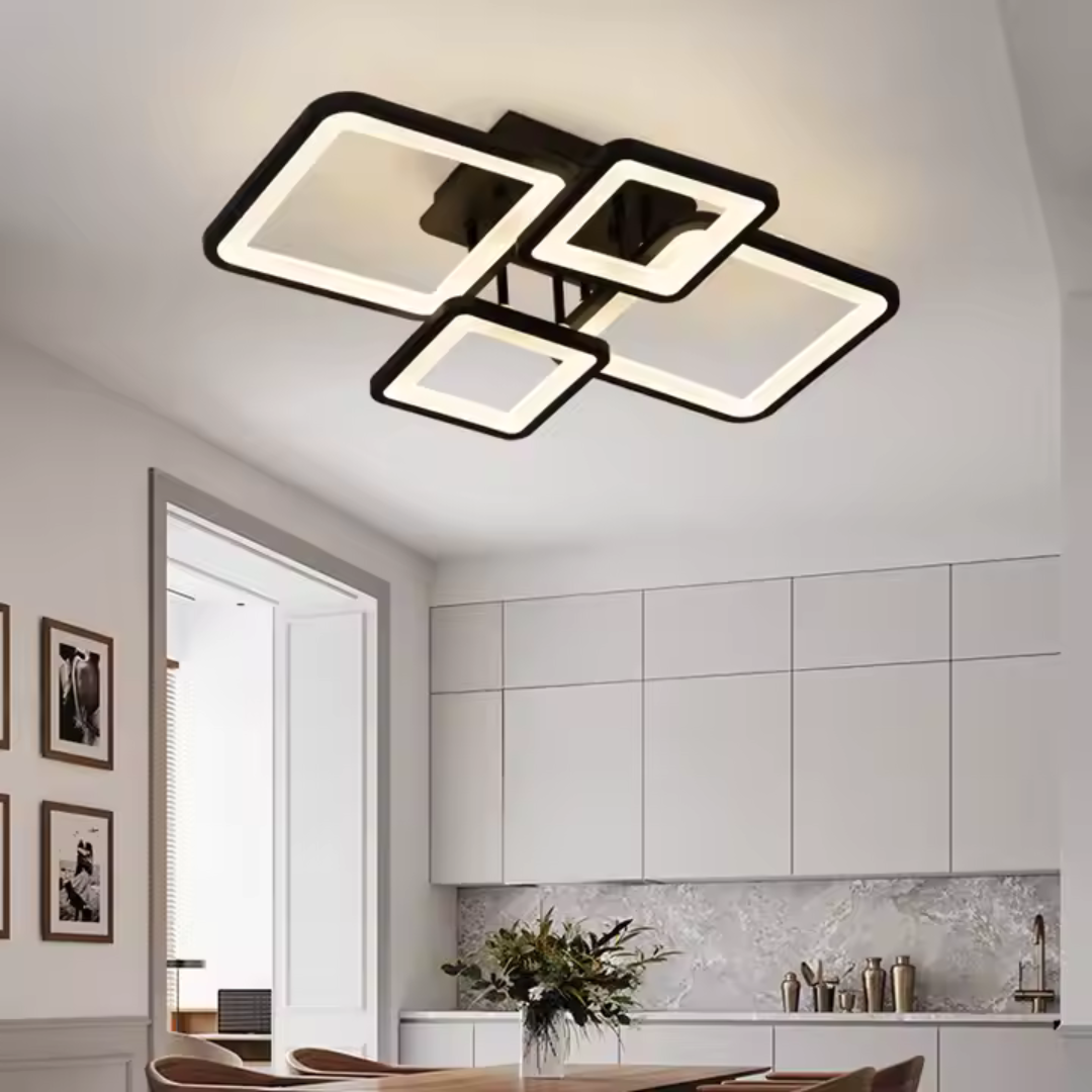 Lustra LED cu telecomanda ELLA 85W, 4 Patrate, lumina Rece/Calda/Neutra, Dimabila, Negru