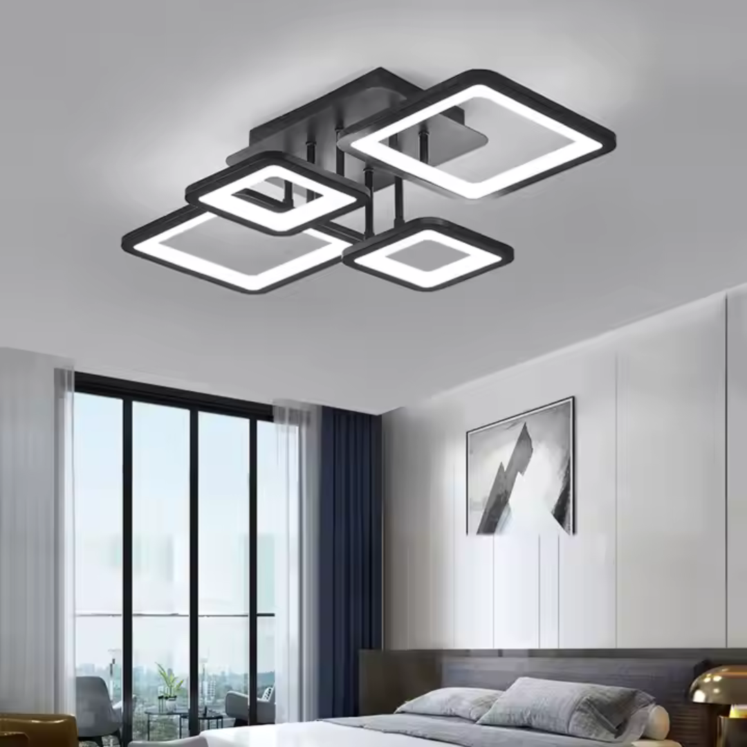 Lustra LED cu telecomanda ELLA 85W, 4 Patrate, lumina Rece/Calda/Neutra, Dimabila, Negru