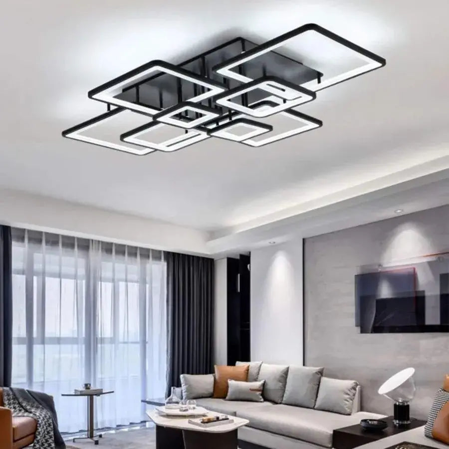 Lustra LED cu telecomanda ELLA 203W, 8 Patrate, lumina Rece/Calda/Neutra, Dimabila, Negru