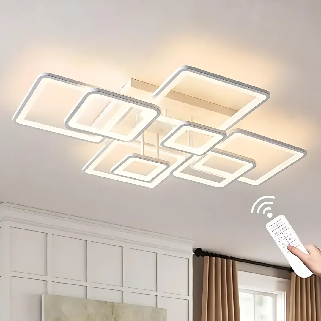 Lustra LED cu telecomanda ELLA 203W, 8 Patrate, lumina Rece/Calda/Neutra, Dimabila, Alb