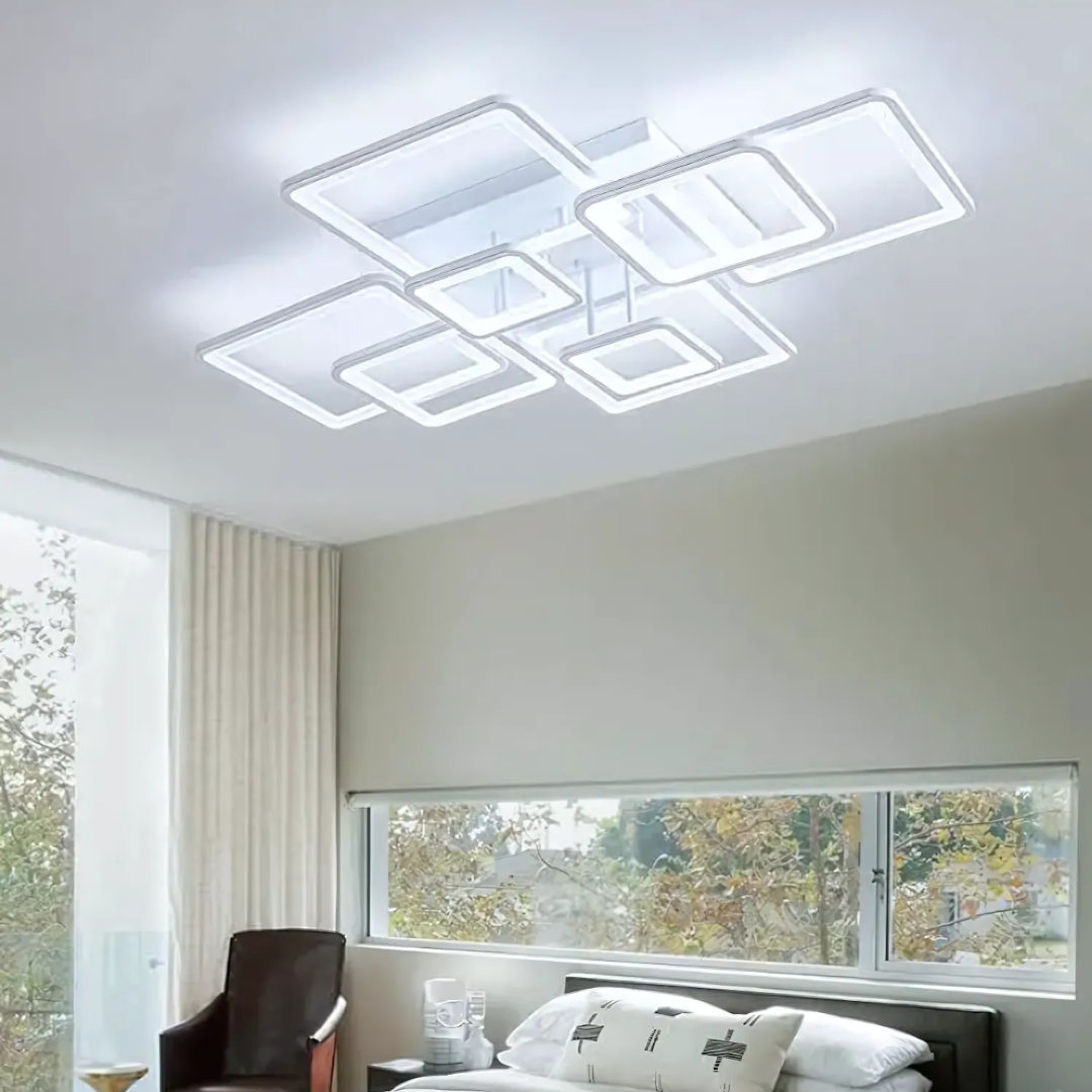 Lustra LED cu telecomanda ELLA 203W, 8 Patrate, lumina Rece/Calda/Neutra, Dimabila, Alb