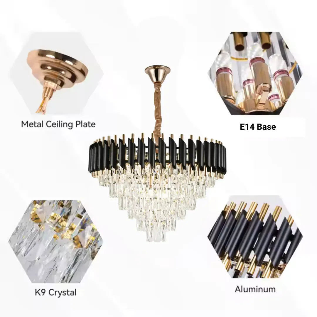 Candelabru Cristal VERSAILLES Magno 8xE14, Diametru 60cm, Auriu Lucios si Negru, Inaltime Reglabila