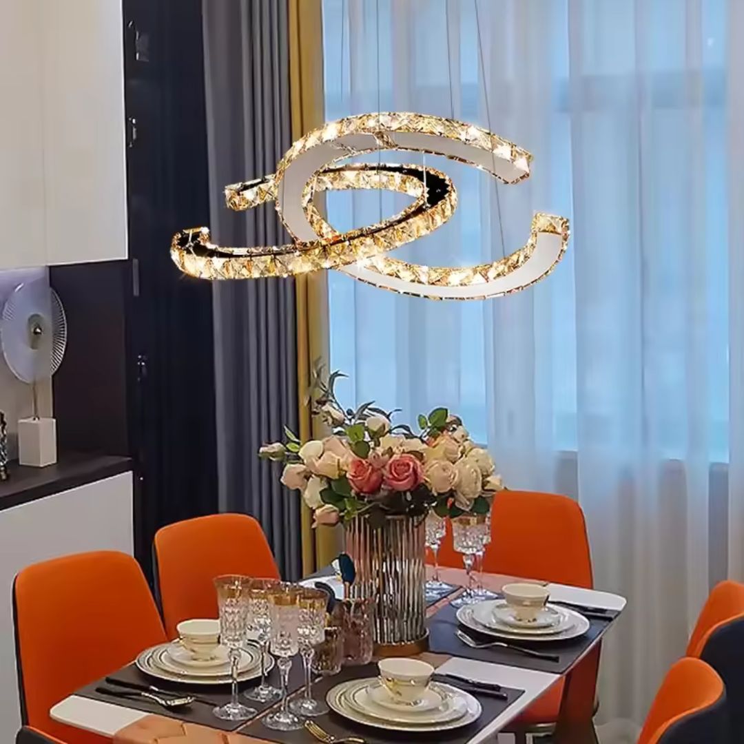 Lustra LED suspendata cu telecomanda si cristal PRISM ANTEA 40W, 2 Cercuri, lumina Rece/Calda/Neutra, Dimabila, Crom Lucios, Inaltime Reglabila