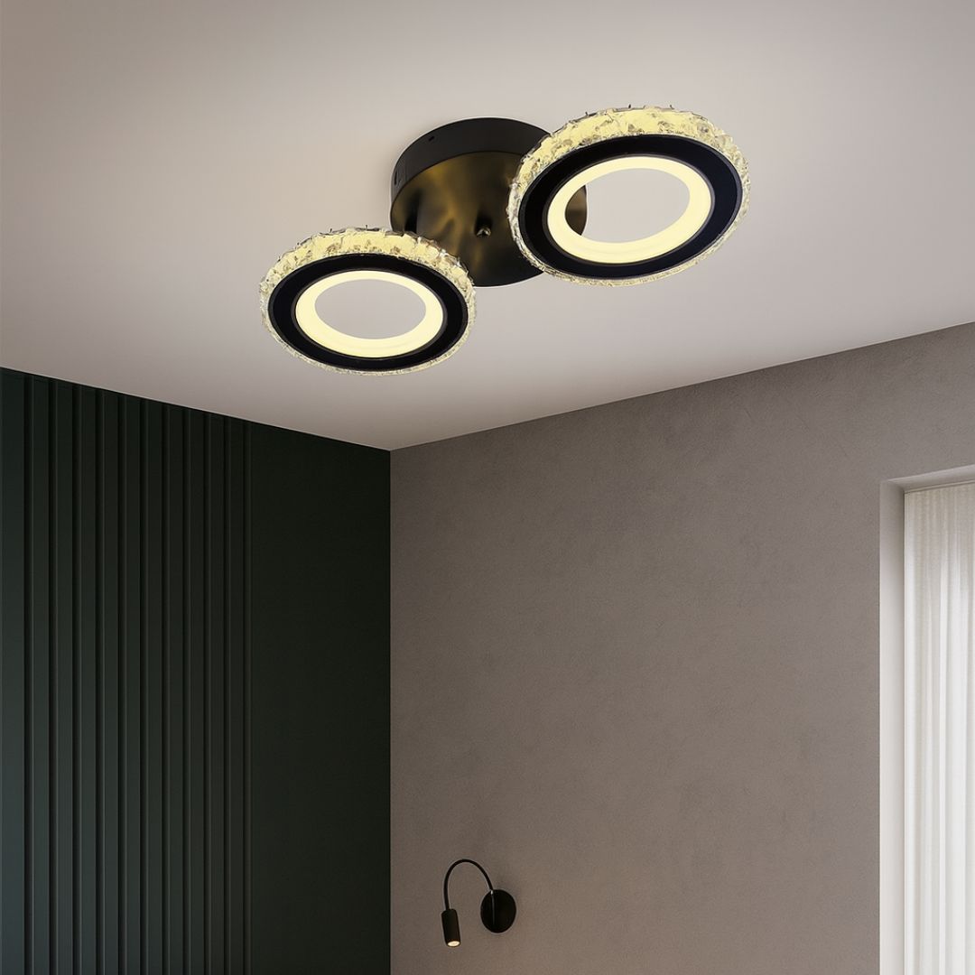 Lustra LED cu telecomanda si cristal NOVA ROTONDA 29W, 2 Cercuri, lumina Rece/Calda/Neutra, Dimabila, Negru
