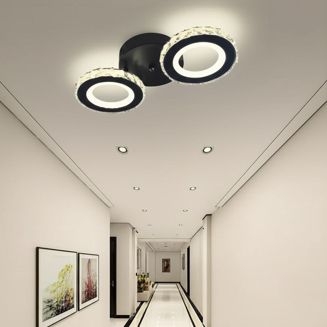 Lustra LED cu telecomanda si cristal NOVA ROTONDA 29W, 2 Cercuri, lumina Rece/Calda/Neutra, Dimabila, Negru