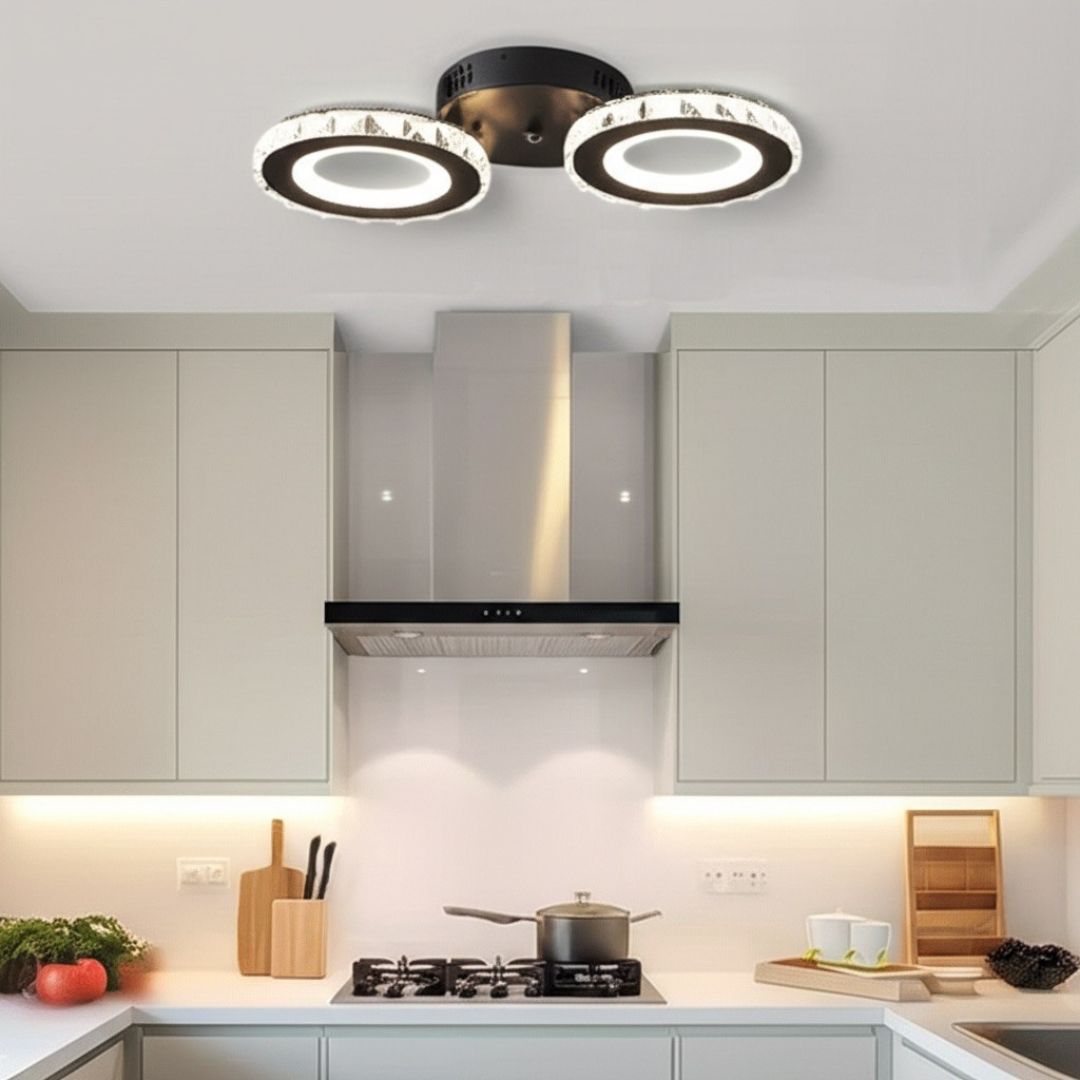 Lustra LED cu telecomanda si cristal NOVA ROTONDA 29W, 2 Cercuri, lumina Rece/Calda/Neutra, Dimabila, Negru