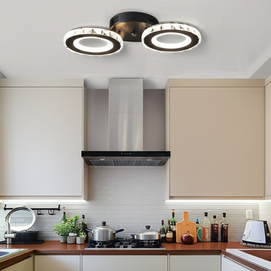 Lustra LED cu telecomanda si cristal NOVA ROTONDA 29W, 2 Cercuri, lumina Rece/Calda/Neutra, Dimabila, Negru