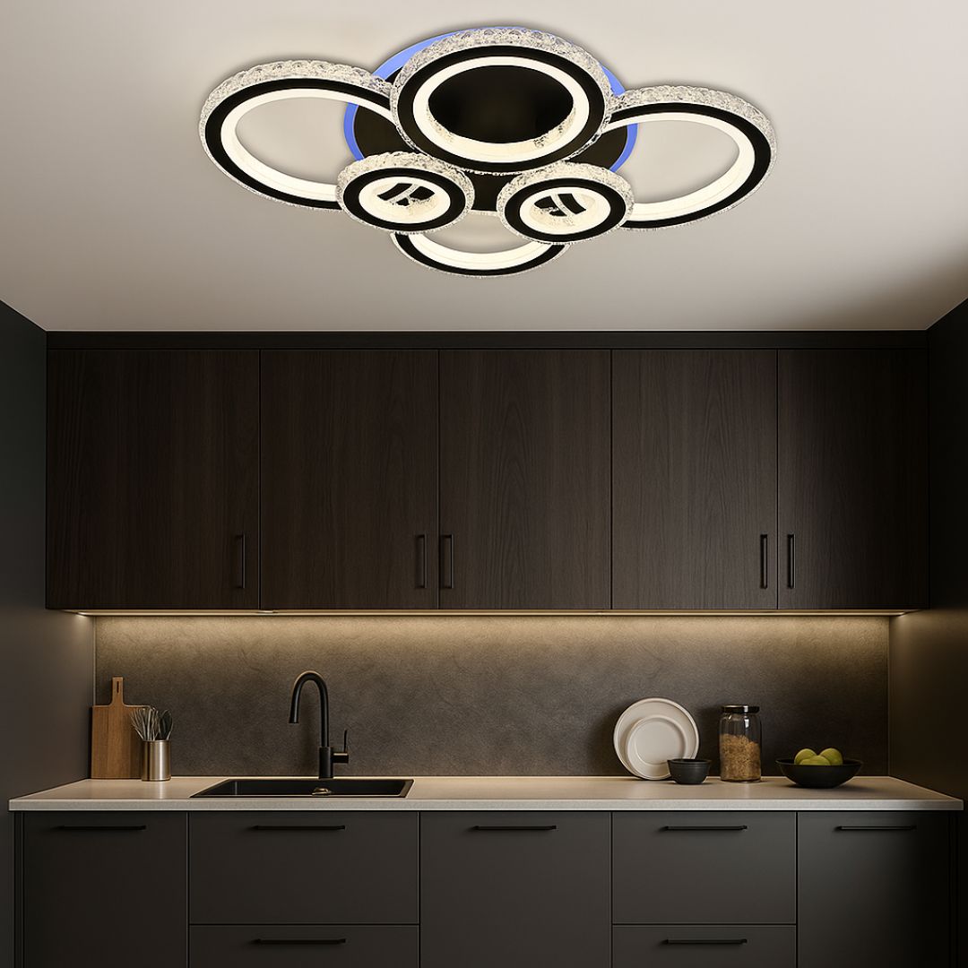 Lustra LED cu telecomanda si cristal NOVA ROTONDA RGB 154W, 6 Cercuri, lumina Rece/Calda/Neutra, Dimabila, Negru