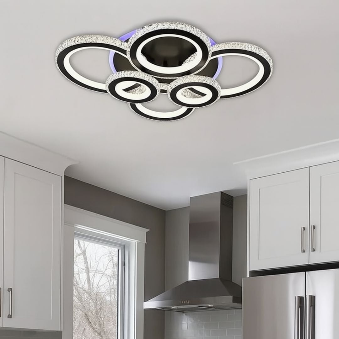 Lustra LED cu telecomanda si cristal NOVA ROTONDA RGB 154W, 6 Cercuri, lumina Rece/Calda/Neutra, Dimabila, Negru
