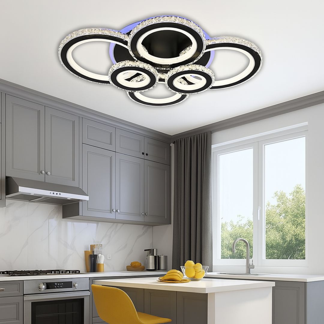 Lustra LED cu telecomanda si cristal NOVA ROTONDA RGB 154W, 6 Cercuri, lumina Rece/Calda/Neutra, Dimabila, Negru