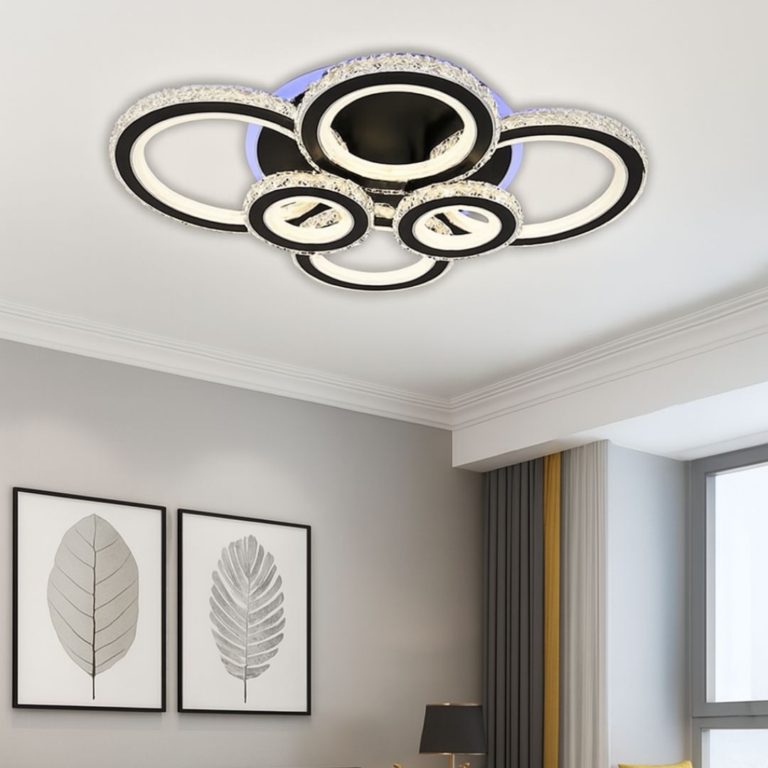 Lustra LED cu telecomanda si cristal NOVA ROTONDA RGB 154W, 6 Cercuri, lumina Rece/Calda/Neutra, Dimabila, Negru