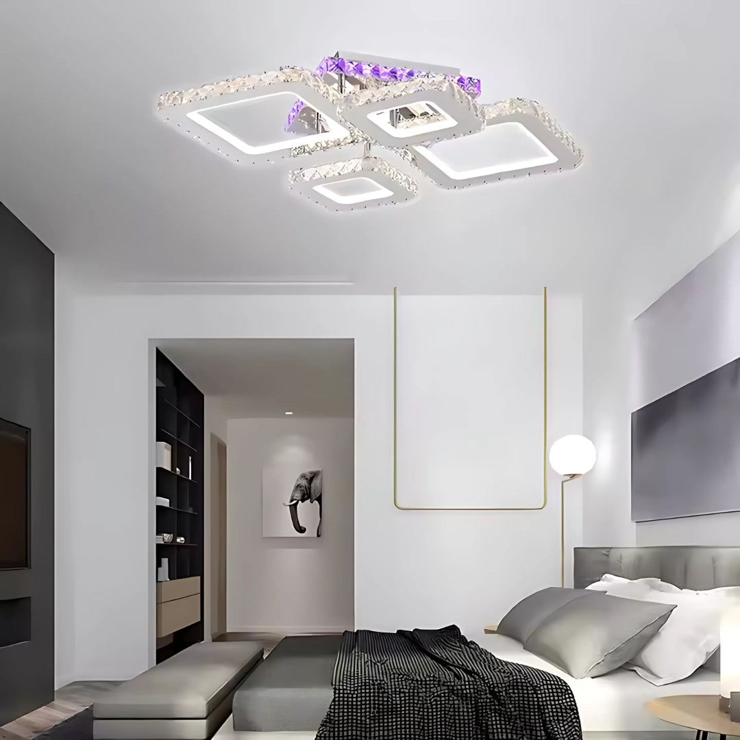 Lustra LED cu telecomanda si cristal NOVA RHOMBA RGB 60W, 4 Patrate, lumina Rece/Calda/Neutra, Dimabila, Crom Lucios