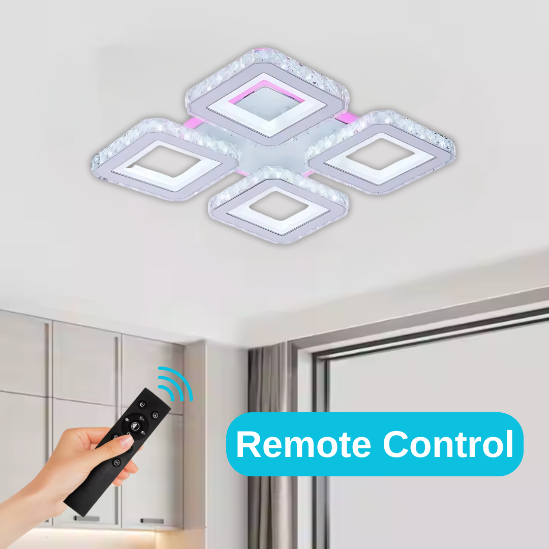 Lustra LED cu telecomanda si cristal LEILA RGB 79W, 4 Patrate, lumina Rece/Calda/Neutra, Dimabila, Alb Crom Lucios