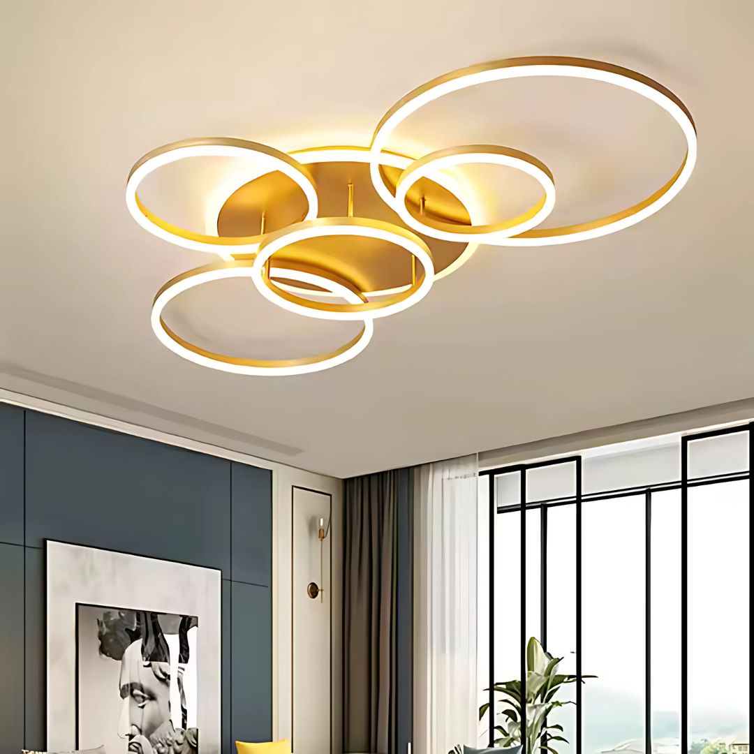 Lustra LED cu Telecomnda DARIO, 5 cercuri, 120W, Lumina Calda/Rece/Neutra, Dimabila, Auriu
