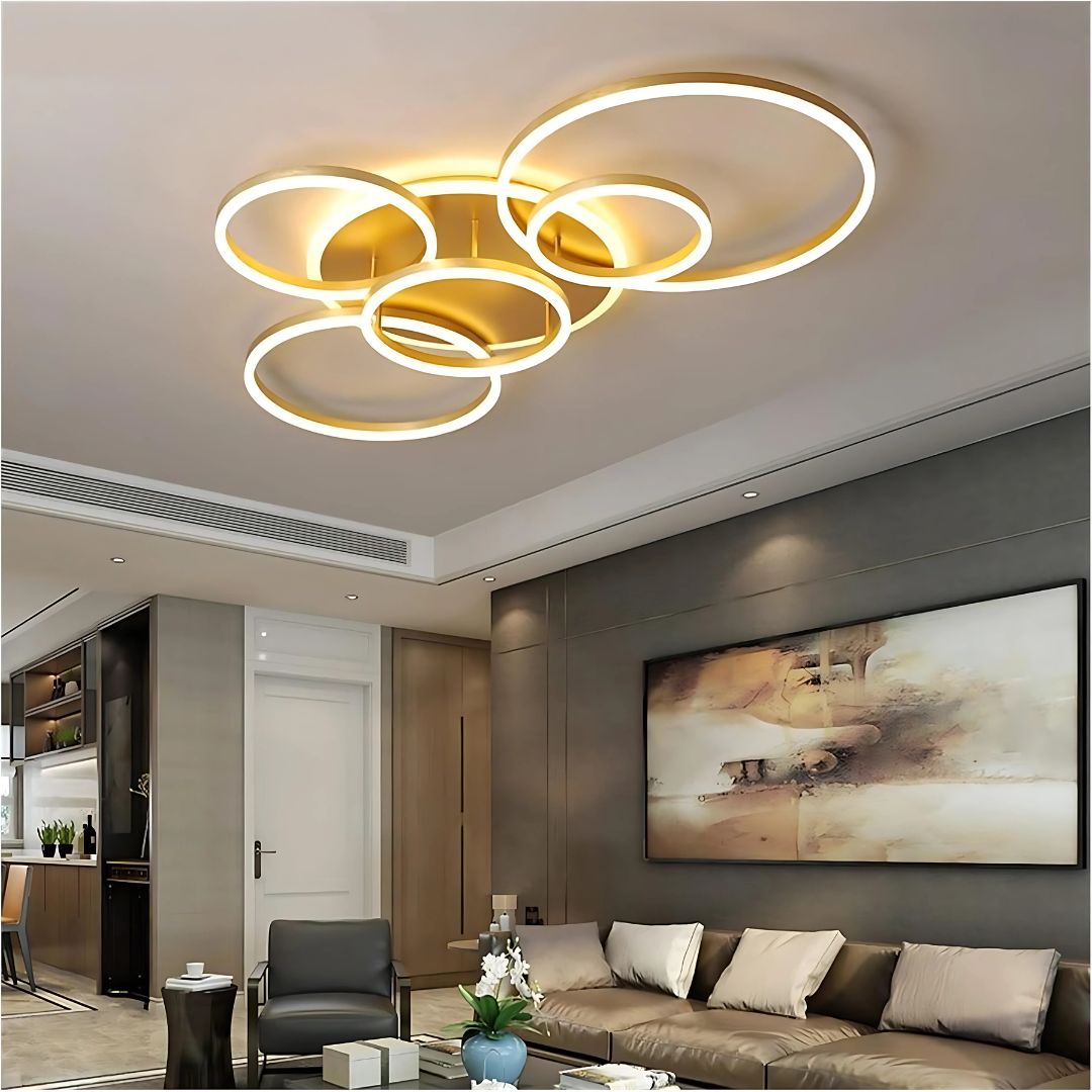 Lustra LED cu Telecomnda DARIO, 5 cercuri, 120W, Lumina Calda/Rece/Neutra, Dimabila, Auriu