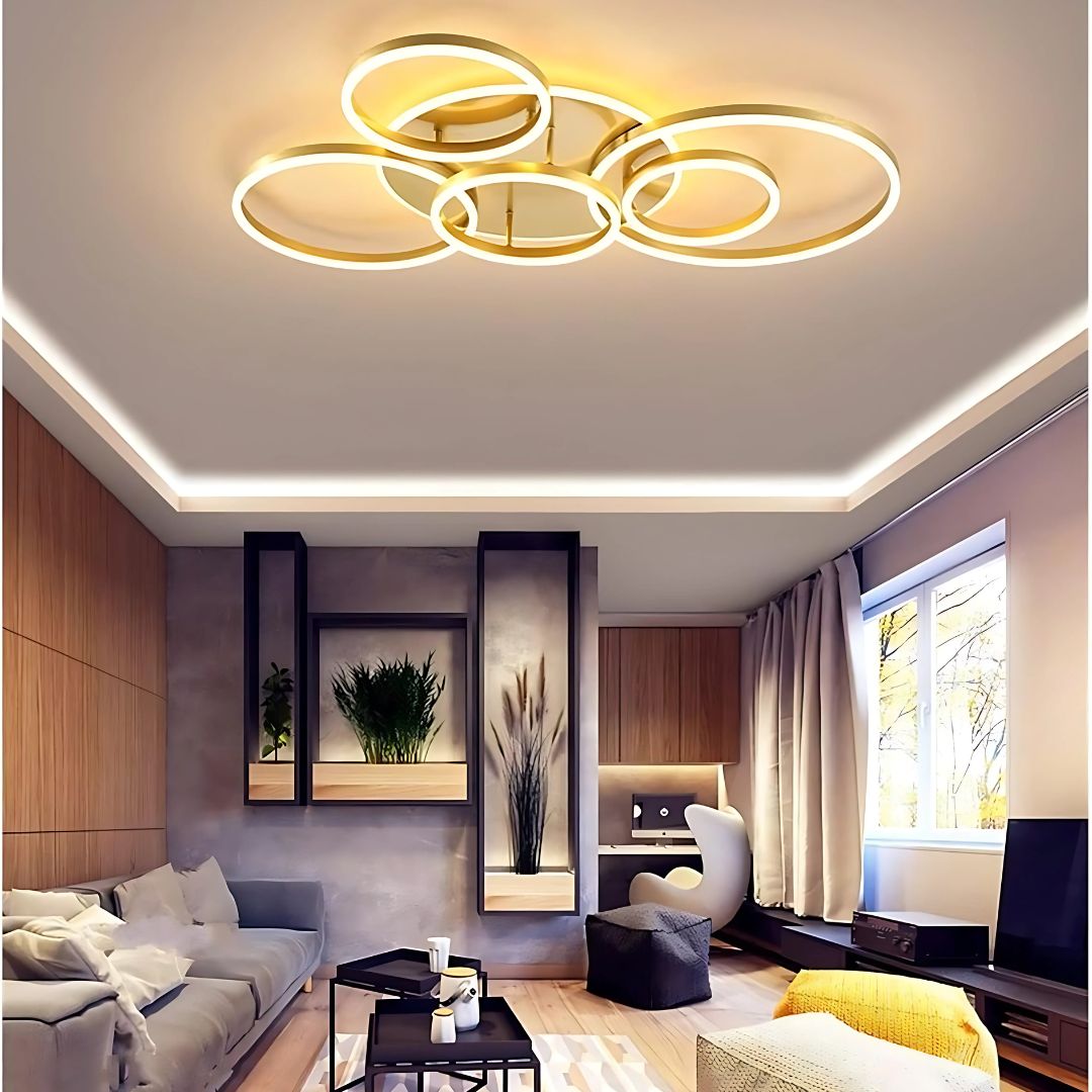 Lustra LED cu Telecomnda DARIO, 5 cercuri, 120W, Lumina Calda/Rece/Neutra, Dimabila, Auriu