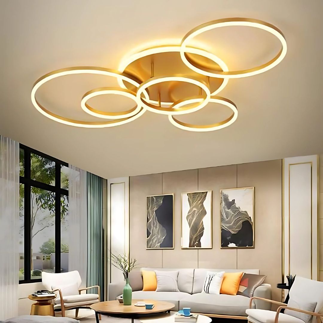 Lustra LED cu Telecomnda DARIO, 5 cercuri, 120W, Lumina Calda/Rece/Neutra, Dimabila, Auriu