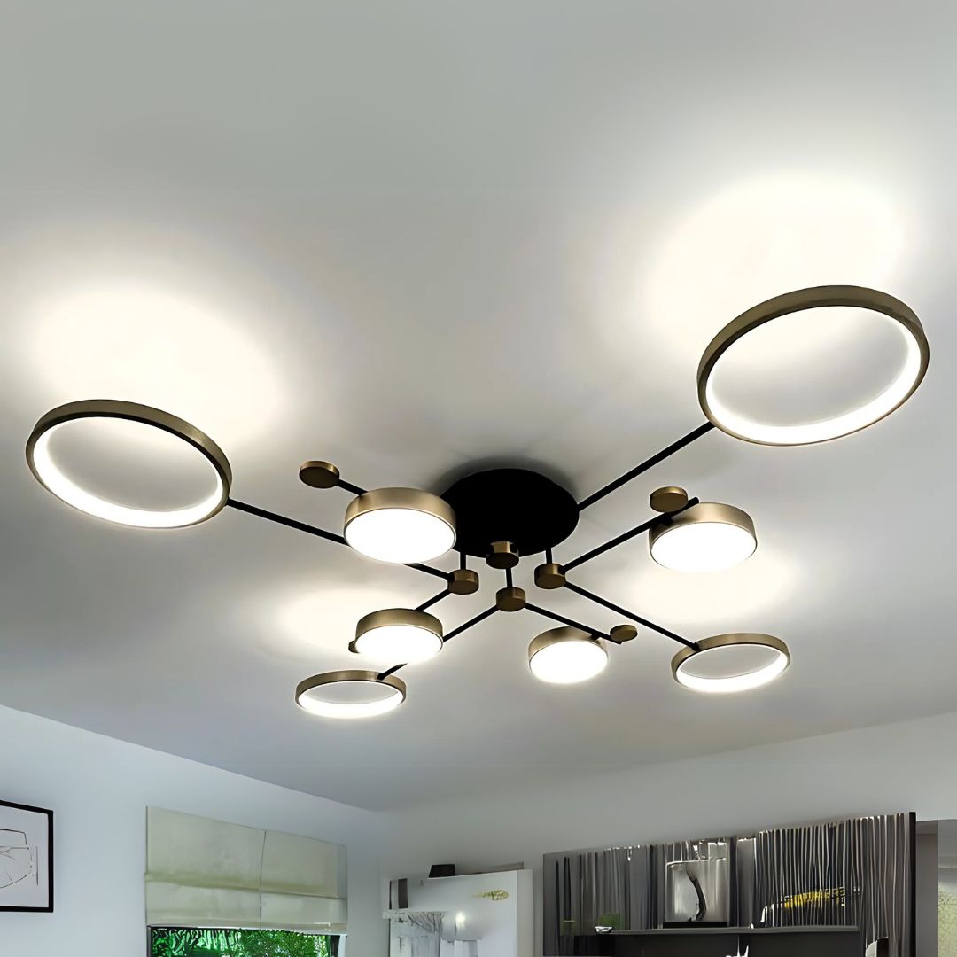 Lustra LED cu Telecomnda MARIA, 63W, 8 Elemente, Lumina Calda/Rece/Neutra, Dimabila, Negru/Auriu