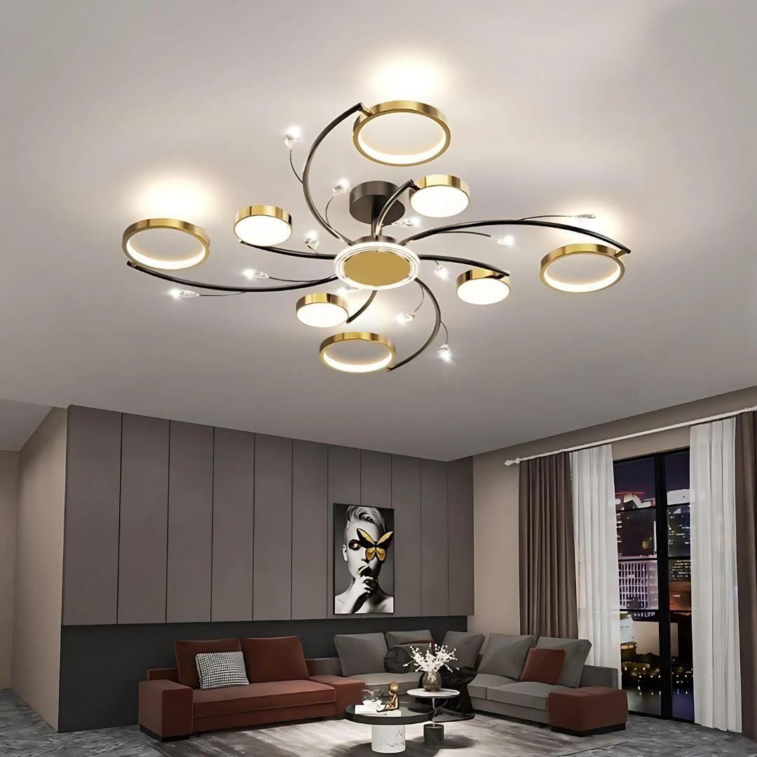 Lustra LED cu Telecomnda KARINA, 63W, 8 Elemente, Lumina Calda/Rece/Neutra, Dimabila, Auriu