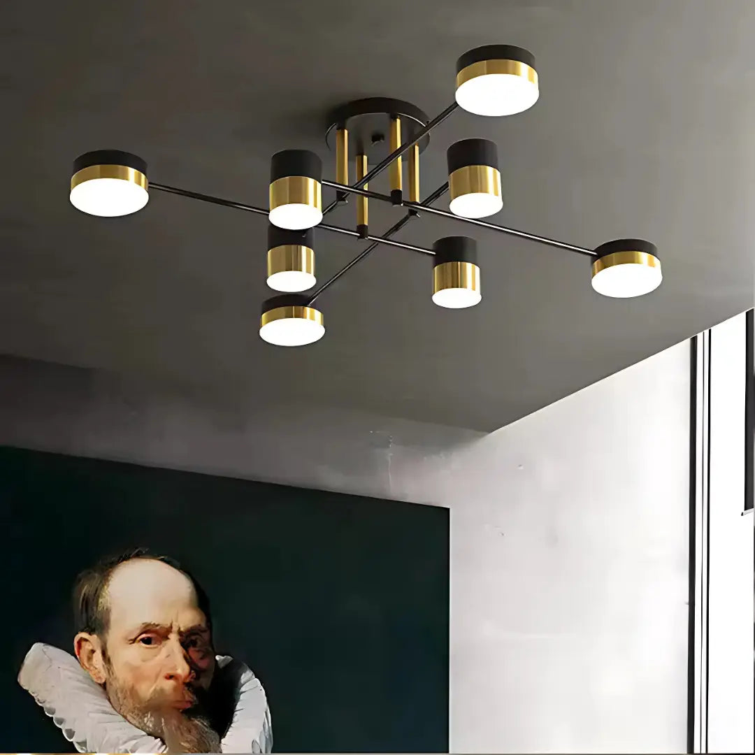 Lustra LED cu Telecomanda MARIO, 56W, 8 Elemente, Lumina Rece/Calda/Neutra, Dimabila, Negru/Auriu