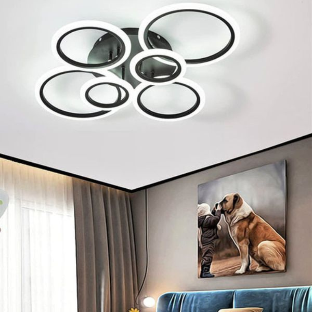 Lustra LED cu telecomanda BETTY 82W, 6 Cercuri, lumina Rece/Calda/Neutra, Dimabila, Negru