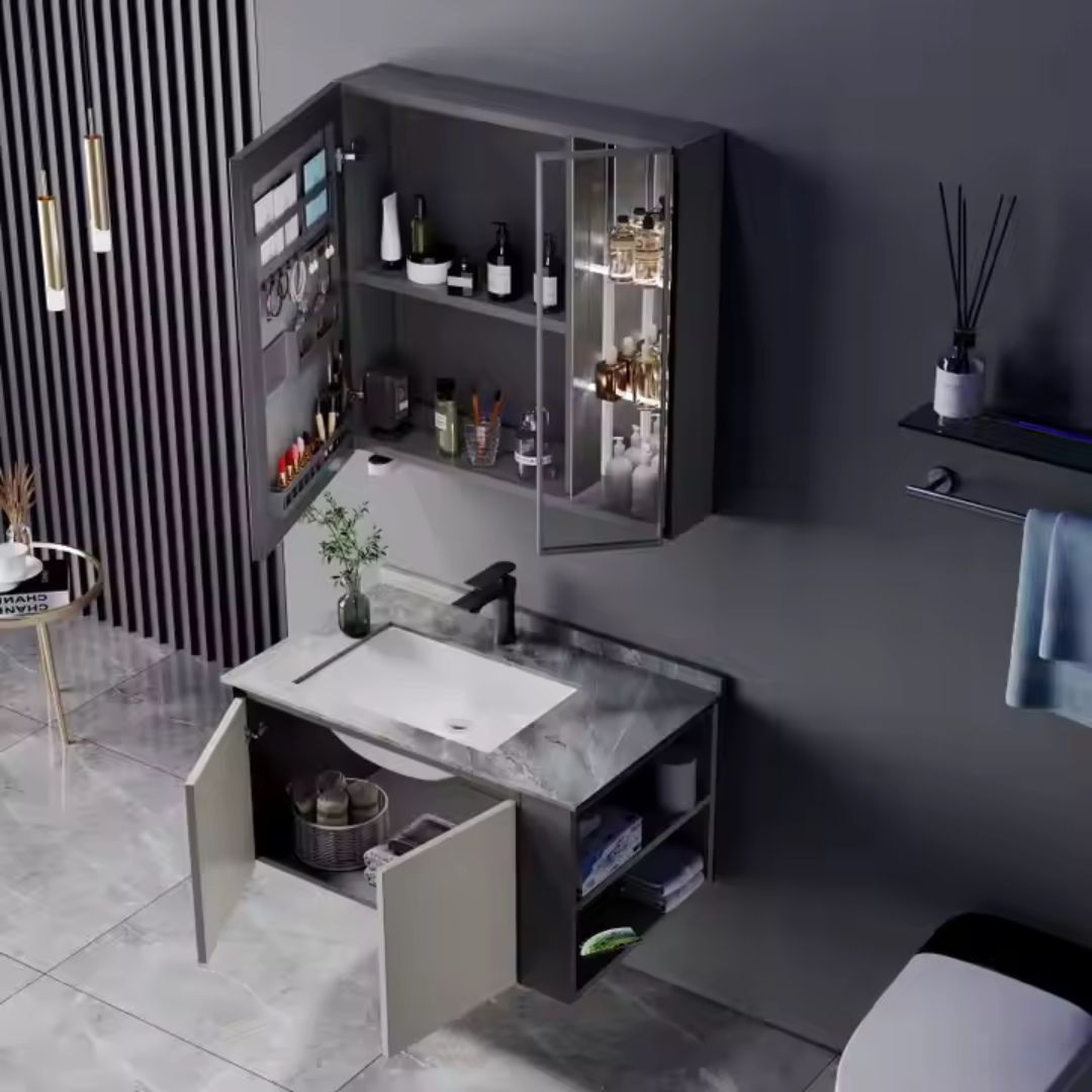 Set Mobilier pentru Baie ZAKYNTHOS, 80cm, 2 Piese, Gri si Crem