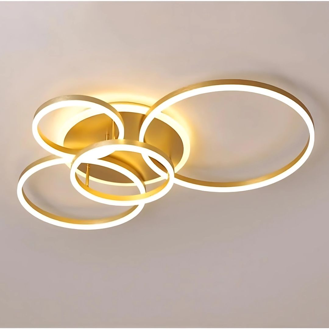 Lustra LED cu Telecomanda DARIO, 4 cercuri, 103W, Lumina Calda/Rece/Neutra, Dimabila, Auriu