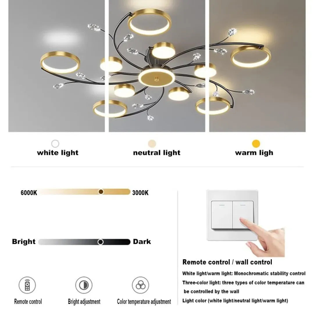 Lustra LED cu Telecomnda KARINA, 68W, 10 Elemente, Lumina Calda/Rece/Neutra, Dimabila, Auriu