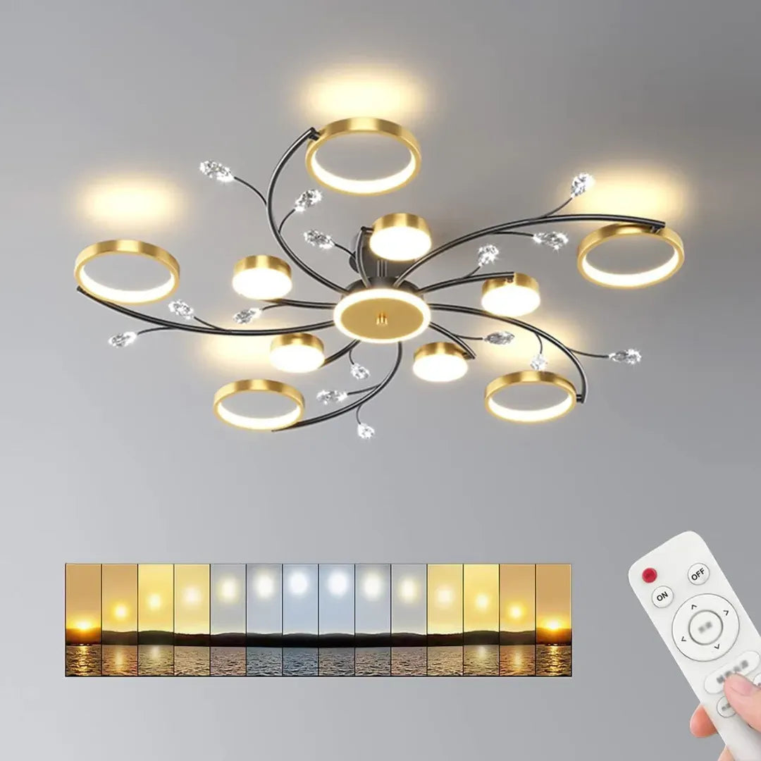 Lustra LED cu Telecomnda KARINA, 68W, 10 Elemente, Lumina Calda/Rece/Neutra, Dimabila, Auriu