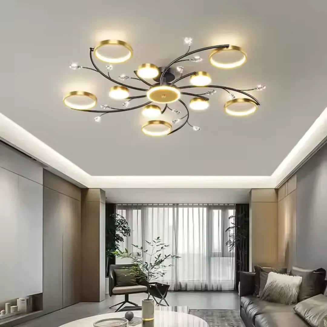 Lustra LED cu Telecomnda KARINA, 68W, 10 Elemente, Lumina Calda/Rece/Neutra, Dimabila, Auriu