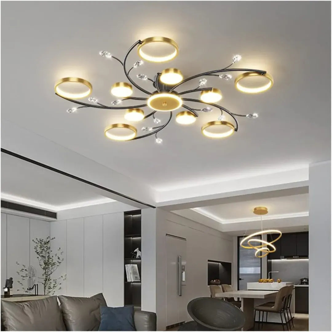 Lustra LED cu Telecomnda KARINA, 68W, 10 Elemente, Lumina Calda/Rece/Neutra, Dimabila, Auriu