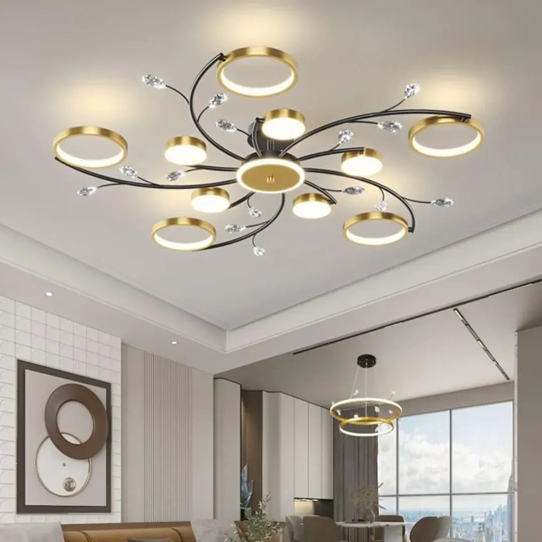 Lustra LED cu Telecomnda KARINA, 68W, 10 Elemente, Lumina Calda/Rece/Neutra, Dimabila, Auriu
