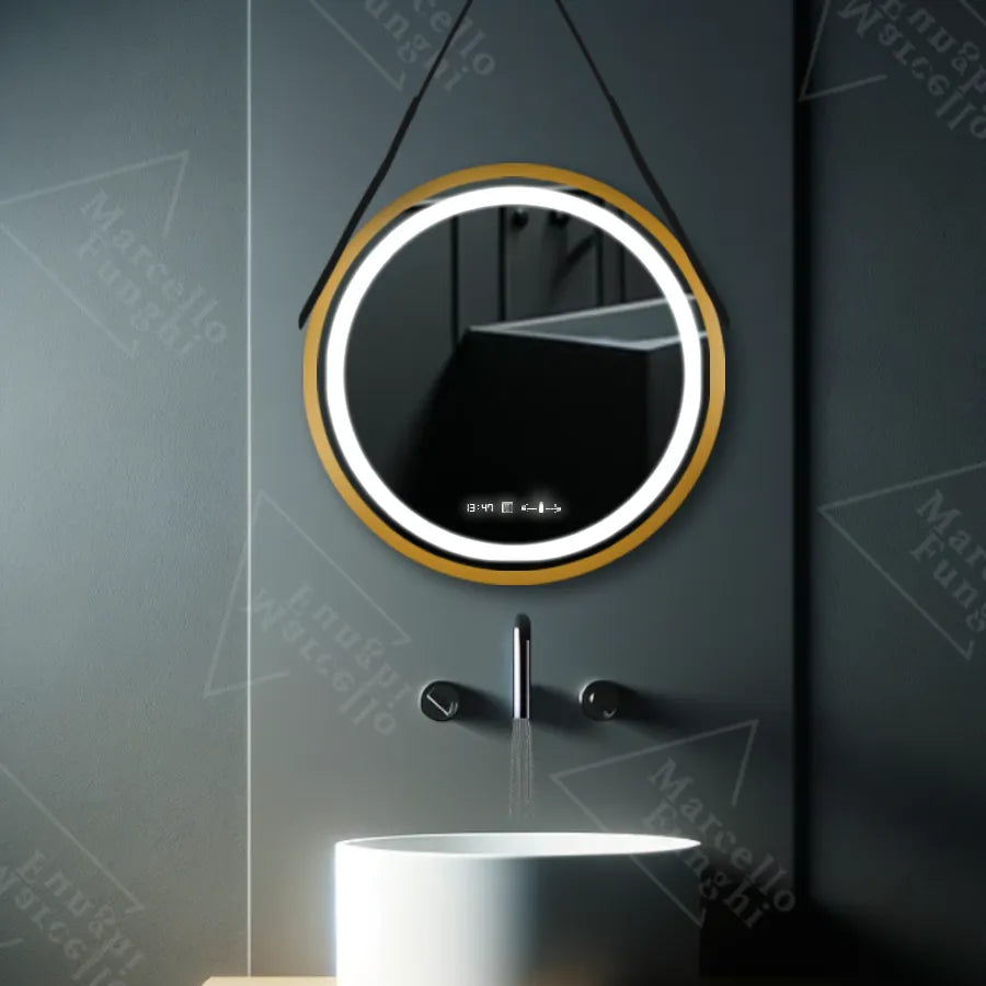 Oglinda LED Rotunda, 60cm, Celeste Royale Gold Eleve MotionGlow Marcello, Sistem Dezaburire, Ceas & Termometru, Dimabila