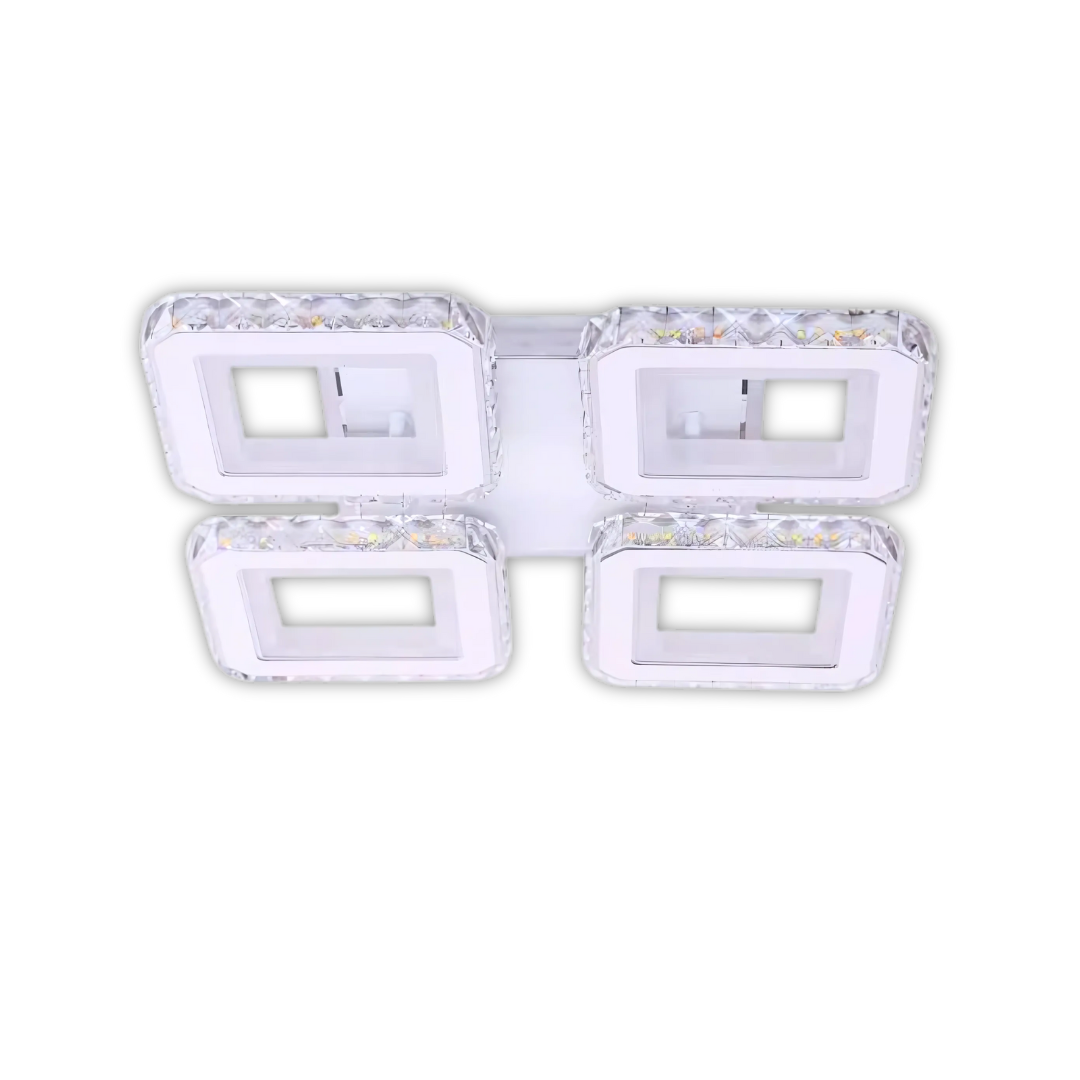 Lustra LED cu telecomanda si cristal LEILA RGB 79W, 4 Patrate, lumina Rece/Calda/Neutra, Dimabila, Alb Crom Lucios