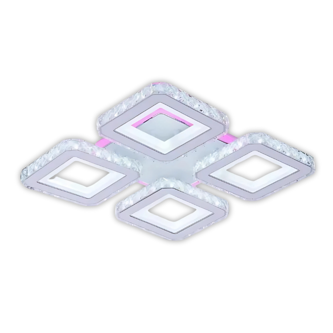 Lustra LED cu telecomanda si cristal LEILA RGB 79W, 4 Patrate, lumina Rece/Calda/Neutra, Dimabila, Alb Crom Lucios