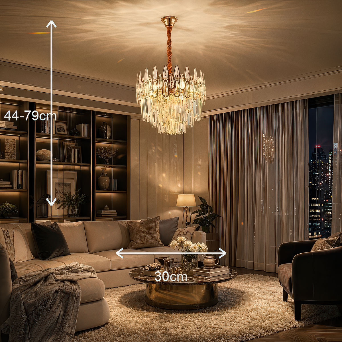 Candelabru Cristal ALHAMBRA Petito 3x E14, Diametru 30cm, Auriu Lucios, Inaltime Reglabila