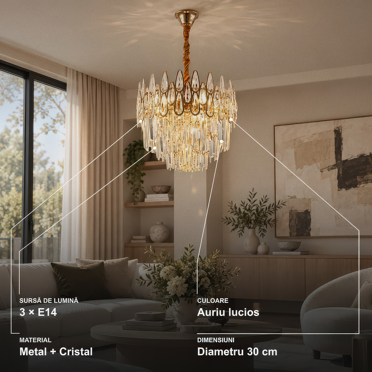 Candelabru Cristal ALHAMBRA Petito 3x E14, Diametru 30cm, Auriu Lucios, Inaltime Reglabila