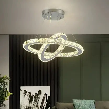 Lustra LED cu telecomanda si cristal PRISM LUMINIS 58W, 2 Cercuri, lumina Rece/Calda/Neutra, Dimabila, Argintiu, Inaltime Reglabila