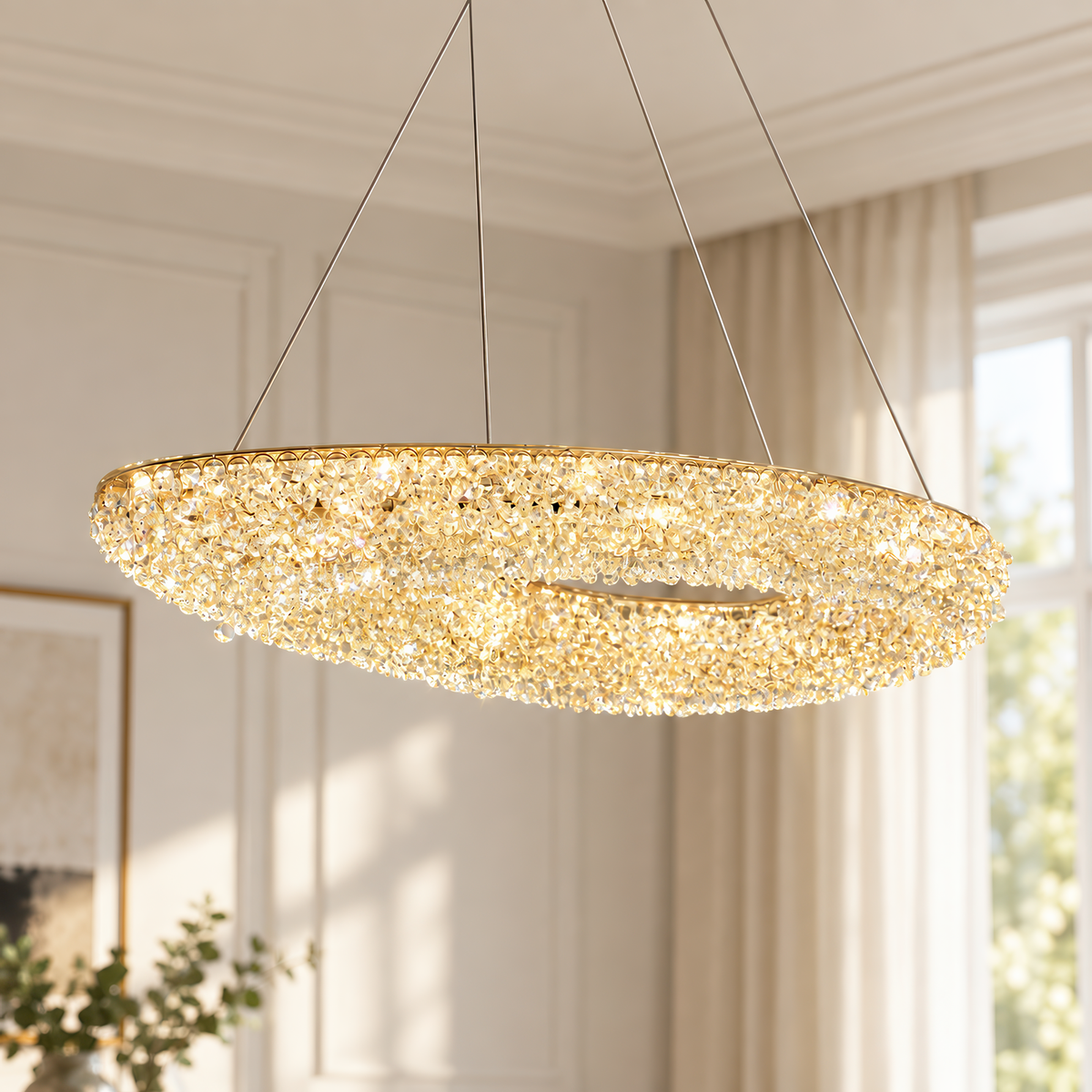 Candelabru Modern cu Cristal, Telecomanda, PRUGU, 65W, Lumina Calda/Neutra/Rece, Lungime 35 cm, Auriu, Inaltime reglabila