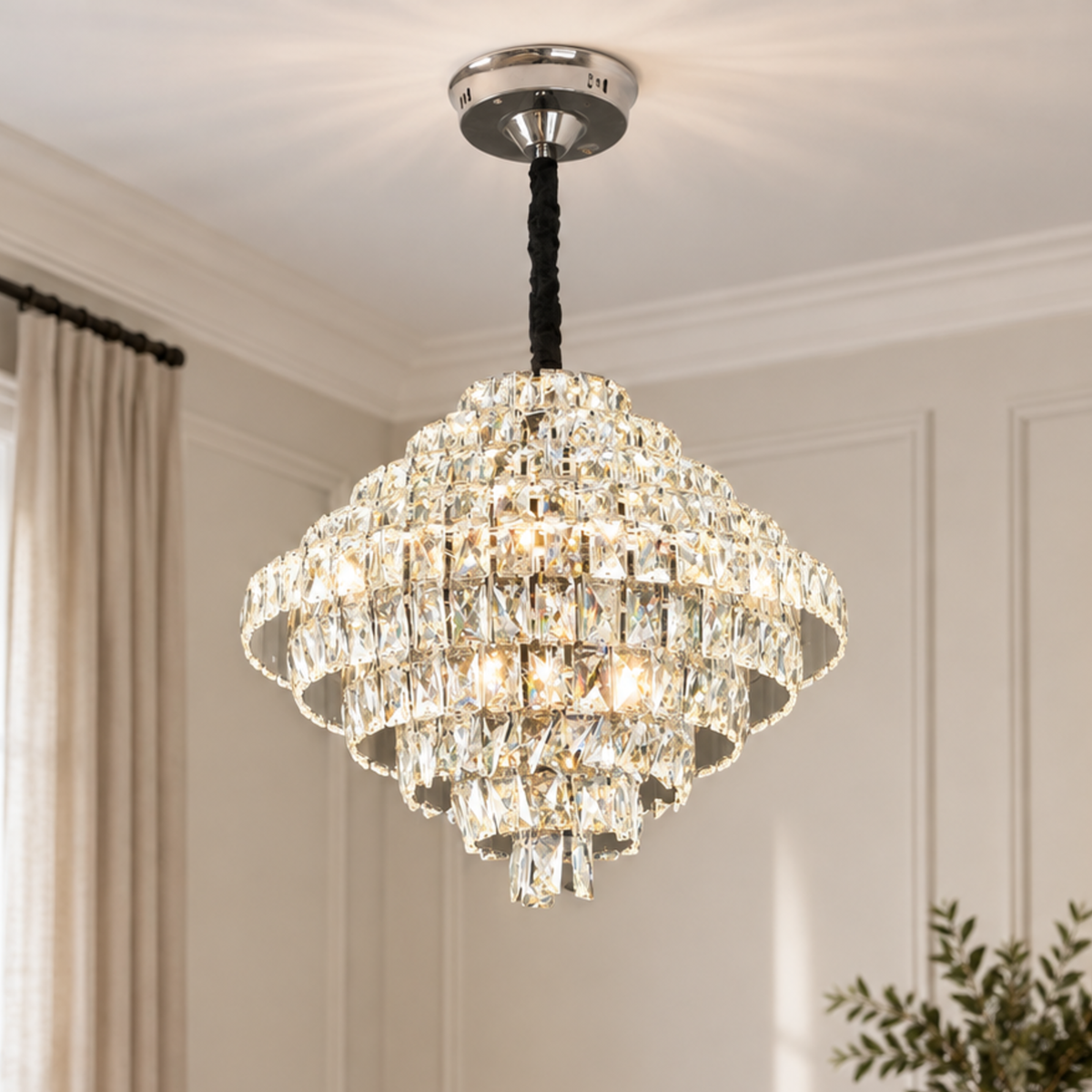 Candelabru Cristal Opal cu telecomanda, 110W, Diametru 35 cm, 3000K/4000/6000K, Crom Lucios, Inaltime Reglabila