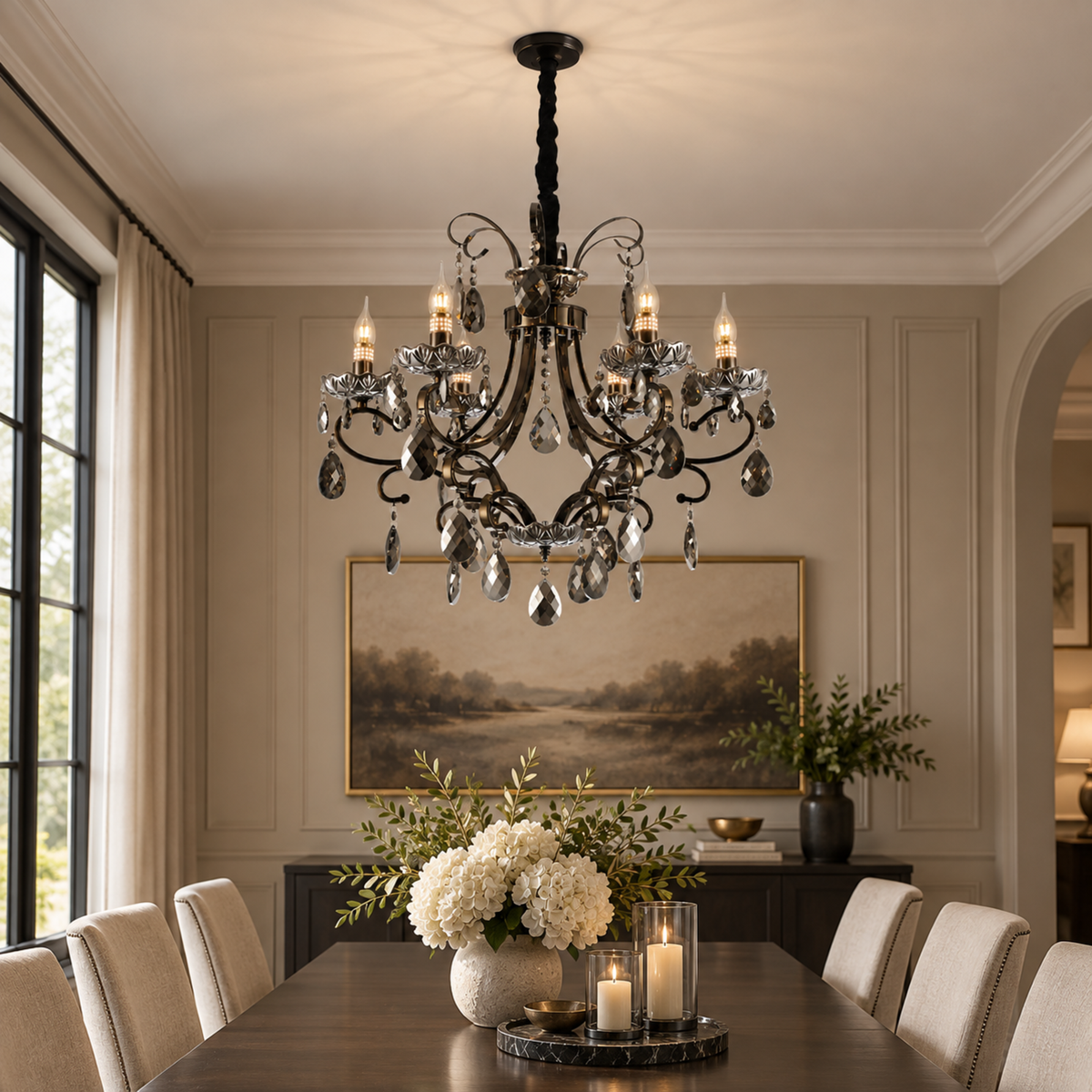 Candelabru Cristal BARO Regalis, Φ80cm, 8xE14, Inaltime Reglabila, Metal si Cristal, Negru