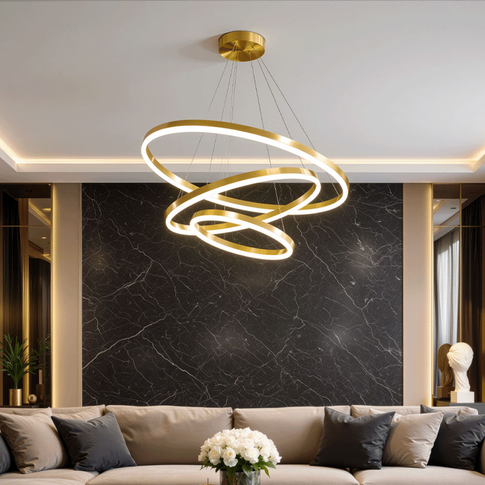 Lustra LED suspendata cu telecomanda ELIZABETH, 85W, 3 Cercuri, lumina Rece/Calda/Neutra, Dimabila, Auriu Lucios, Inaltime Reglabila